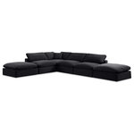 Meridian Furniture - Comfy Upholstered L-Shaped Modular Sectional, Black, 6-Piece: 3 Armless Chair, 1 Corner Chair, 2 Ottoman, Velvet - Give your space a whole new look with this black Comfy velvet sectional. This handsome sectional fits nicely with other items in the Comfy collection and is a versatile seating option designed for adaptability, comfort and style. Wrapped in rich black durable velvet upholstery, this sectional offers a plush embrace of overstuffed down feather cushions, carefully crafted to deliver the highest level of comfort. The perfect seat for creating an oasis for relaxation, this sectional has thick foam surrounding its frame for added support and coziness.