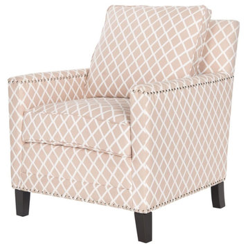 Traditional Accent Chair, Birchwood Legs With Lattice Patterned Seat, Pink/White