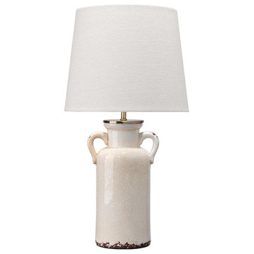 Rustic Vintage Style Urn Shape Table Lamp 21 in Two Handled Cream Ceramic