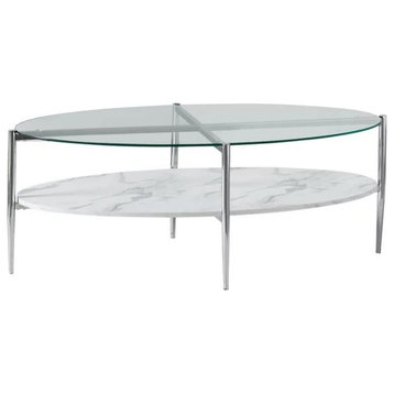 Contemporary Coffee Table, Oval Shaped Glass Top With Faux Marble Open Shelf
