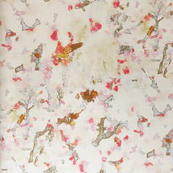 MELLOR &ndash; PINK, RED, BLUE CHERRY BLOSSOM ON SILVER Pattern Number: 2016-106-04 - Wallpaper