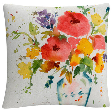 Sheila Golden 'White Vase With Bright Flowers' 16"x16" Decorative Throw Pillow