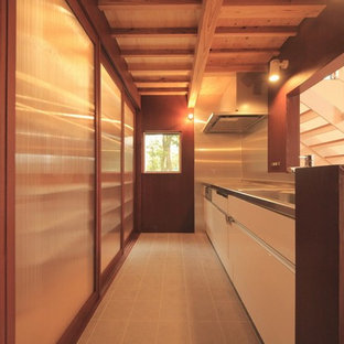 Mid-sized modern kitchen pantry designs - Inspiration for a mid-sized modern single-wall gray floor kitchen pantry remodel in Fukuoka with stainless steel countertops and metallic backsplash