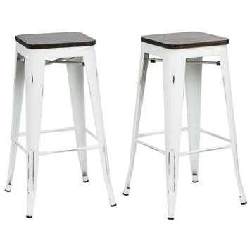 Cormac 30" Square Counter Stool Set of 2, Matte White and Elm