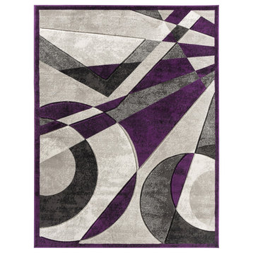 Purple Silver Geometric Hand-Carved Living Room Modern Contemporary Area Rug, 5'