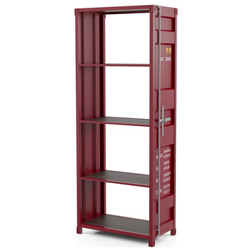 Modern Bookcase, Industrial Container Style With 4 MDF Shelves, Red