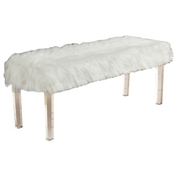 Cyrus 48" White Faux Fur With Acrylick Legs Accent Bench