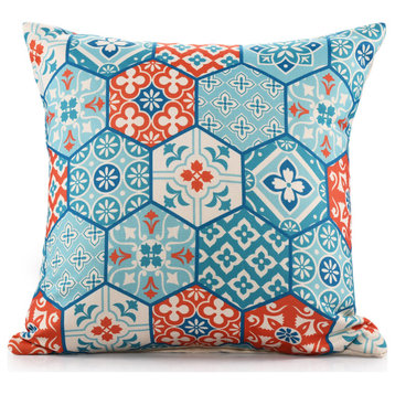 Mosaic Handwoven Teal/Orange Patchwork Outdoor Throw Pillow