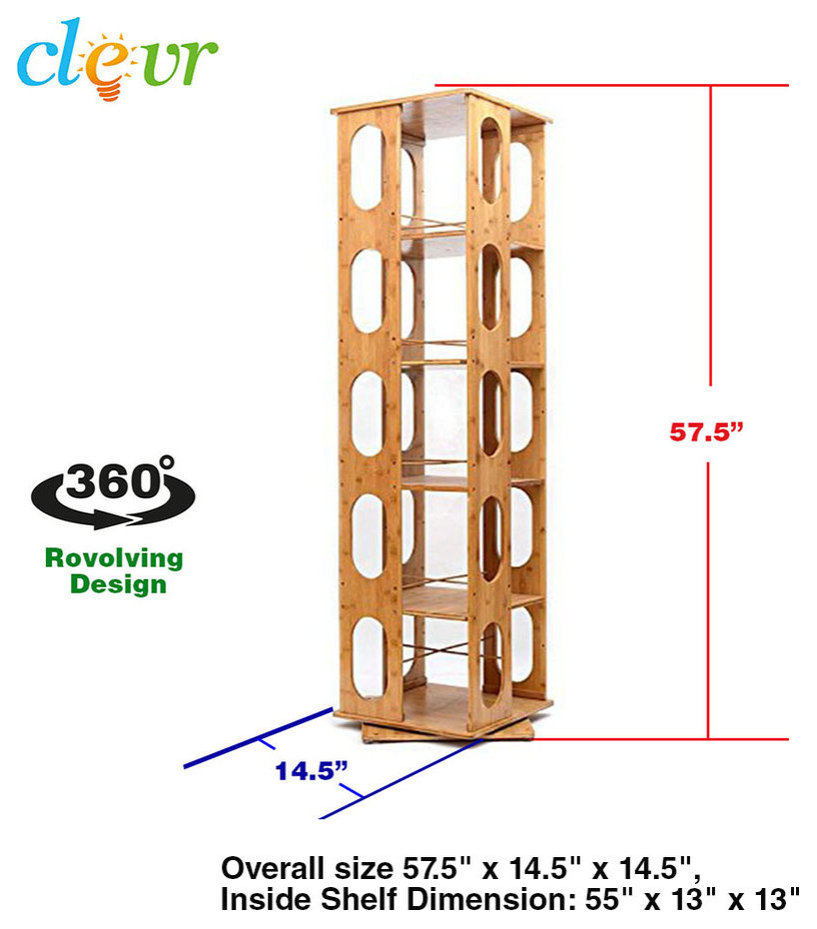 Bamboo Wood 5-Shelving Bookshelf, Revolving Bookcase Organizer Cabinet Rack, 57.