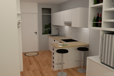 Foto de cocinas en L minimalista pequeña abierta con puertas de armario blancas, encimera de madera, electrodomésticos negros, suelo de madera clara, suelo marrón, encimeras marrones y bandeja