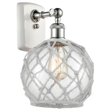Farmhouse 1-Light Sconce, White and Polished Chrome, Clear Glass With White Rope