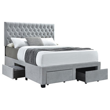 Benzara BM215857 Fabric Upholstered Full Size Bed with Bottom Drawers, Gray