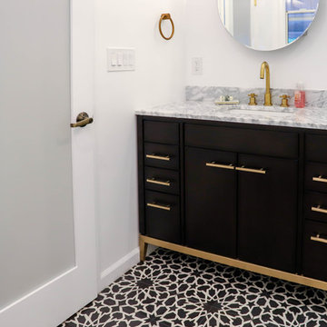 Decorative Tile Flooring, Vanity & Frosted Bathroom Doors