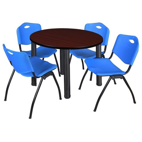 Kee 42" Round Breakroom Table, Mahogany/Black and 4 "M" Stack Chairs, Blue