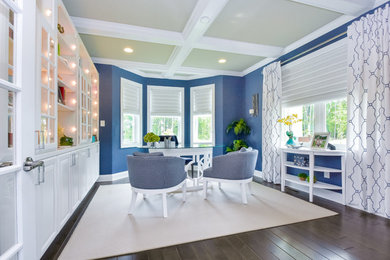 Kitchen/dining room combo - contemporary dark wood floor and brown floor kitchen/dining room combo idea in Richmond with blue walls