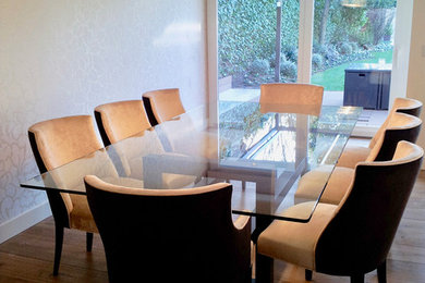 Modelo de comedor contemporáneo grande con suelo de madera en tonos medios
