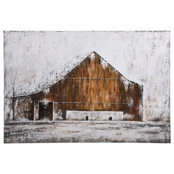 Aged Barnhouse, Hand Painted Rustic Monochromatic Barn on Large Canvas