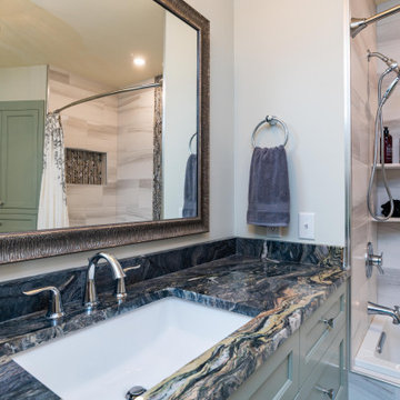 Primary Bath with Explosion Blue Quartzite Countertops