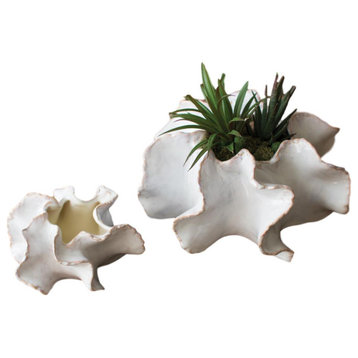 Wavy Shaped Organic White Ceramic Succulent Planters, 2-Piece Set