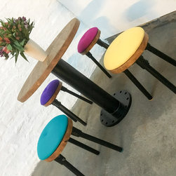 Button Powder Coated Steel Pedestal Table with 4 stools upholstered in Wool - Bar Stools and Kitchen Stools