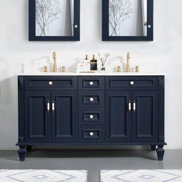 Solid Wood Bathroom Vanity with Quartz Top and cUPC Certified Sink, Navy Blue, 60 Inch