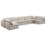 Meridian Furniture - Indulge Upholstered Modular U-Shaped Sectional, Beige, 7-Piece: 5 Armless Chair, 2 Corner Chair, Down Stuffed Linen Textured Fabric - Experience ultimate comfort and style with our beige linen textured fabric Indulge Sectional. The luxurious linen texture of the fabric will elevate the aesthetic of any room. This sofa provides ample space for you to relax while its modular build offers the option of unlimited configurations. Whether you're looking to add a stylish element to your living room or a comfortable seating option to your bedroom, this sofa is the perfect choice.