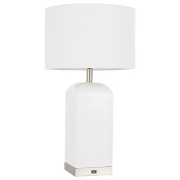 Carmen Table Lamp, White Ceramic With White Shade/Antique Brass Accent