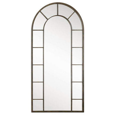 Full Length Black Arch Window Pane Mirror, Wall Floor Mirror Curved Palladian