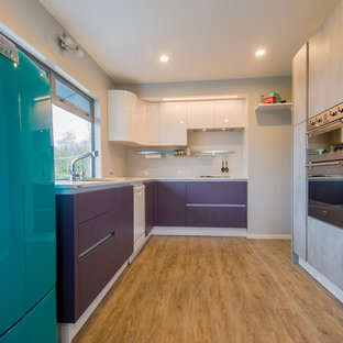 Réalisation d'une arrière-cuisine vintage en U de taille moyenne avec un évier 2 bacs, un placard à porte plane, des portes de placard violettes, un plan de travail en stratifié, un sol en vinyl et aucun îlot.