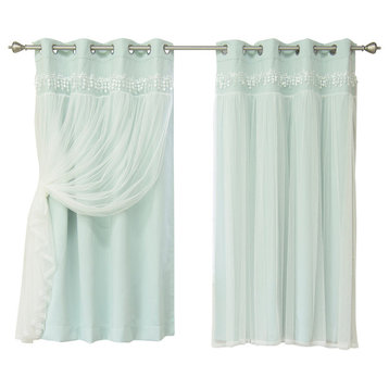 Lace Overlay Blackout Curtains, Mint, 63"