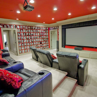 Design ideas for a traditional home cinema in Little Rock with a projector screen and white floors.
