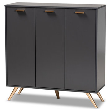 Kelson Dark Gray and Gold Finished Wood 3-Door Shoe Cabinet