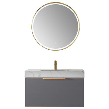 Alicante Vanity With Stone Countertop, Elegant Grey, 36", With Mirror