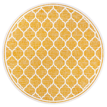 Trebol Moroccan Trellis Textured Weave Indoor/Outdoor, Yellow/Cream, 5' Round