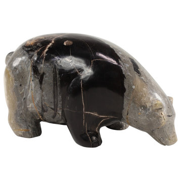 Hand-Carved Petrified Wood Bear Sculpture w/ Natural Brown,Gray & Black Marbling