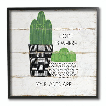 Home Plants Cacti Succulents Wood Textured Design, 12"x12", Black Frame