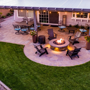 Backyard Patio with Spacious Lawn & Dry Stream Bed