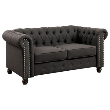 Fabric Upholstered Chesterfield Loveseat With Nailhead Trims Gray - Saltoro