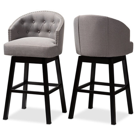 Theron Transitional Gray Fabric Upholstered Wood Swivel Bar Stool Set Of 2