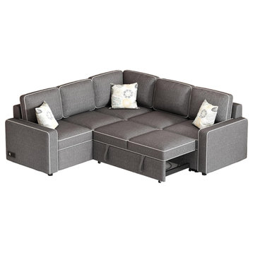 Comfortable Sectional Sleeper Sofa, Linen Upholstered Seat With USB Ports, Brown