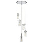 Linea di Liara - Effimero 5-Light Cluster Pendant, Polished Chrome - The Effimero 5 light cluster pendant light fixture features a modern design that adds an industrial look to any setting. This multi light chandelier offers a chrome finish, exposed hardware and clear glass shades. Adjustable fabric cords allow for customization of the length of the lights.
