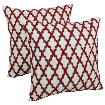 20IN Moroccan Beaded Cotton Throw Pillows, Set of 2, Red Beads/Ivory Fabric