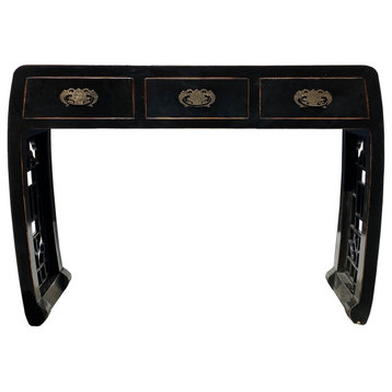 Black Lacquer Curve Panel Legs 3 Drawers Slim Foyer Side Table Hcs7370