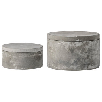 Gray Round Decorative Cement Boxes With Lids, 2-Piece Set