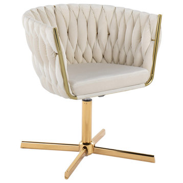 Braided Renee Swivel Accent Chair, Gold Metal, White Velvet