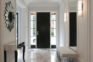 Single front door - transitional ceramic tile single front door idea in Toronto with gray walls