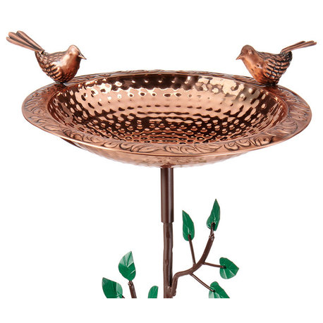 Pure Copper Bird Bath With 2 Copper Birds and Tree Theme Multiprong Garden Pole