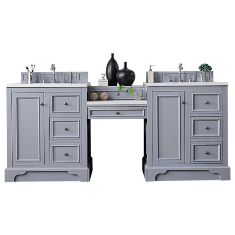 De Soto 82" Double Vanity Set, Silver Gray, Makeup Table, Carrara Marble Top