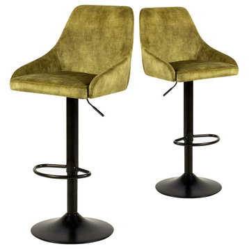 Velvet Adjustable Bar Stool Green Upholstered Bar Chair Dining Room Set of 2