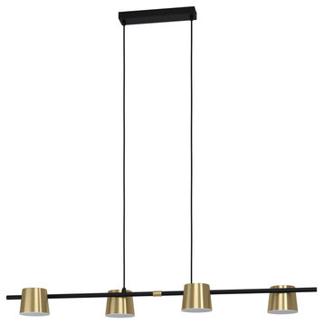 Altamira, 4 Light LED Linear Pendant, Structured Black, Brass/White Metal Shade